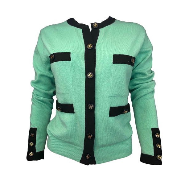 Chanel Turquoise Logo Button Cardigan