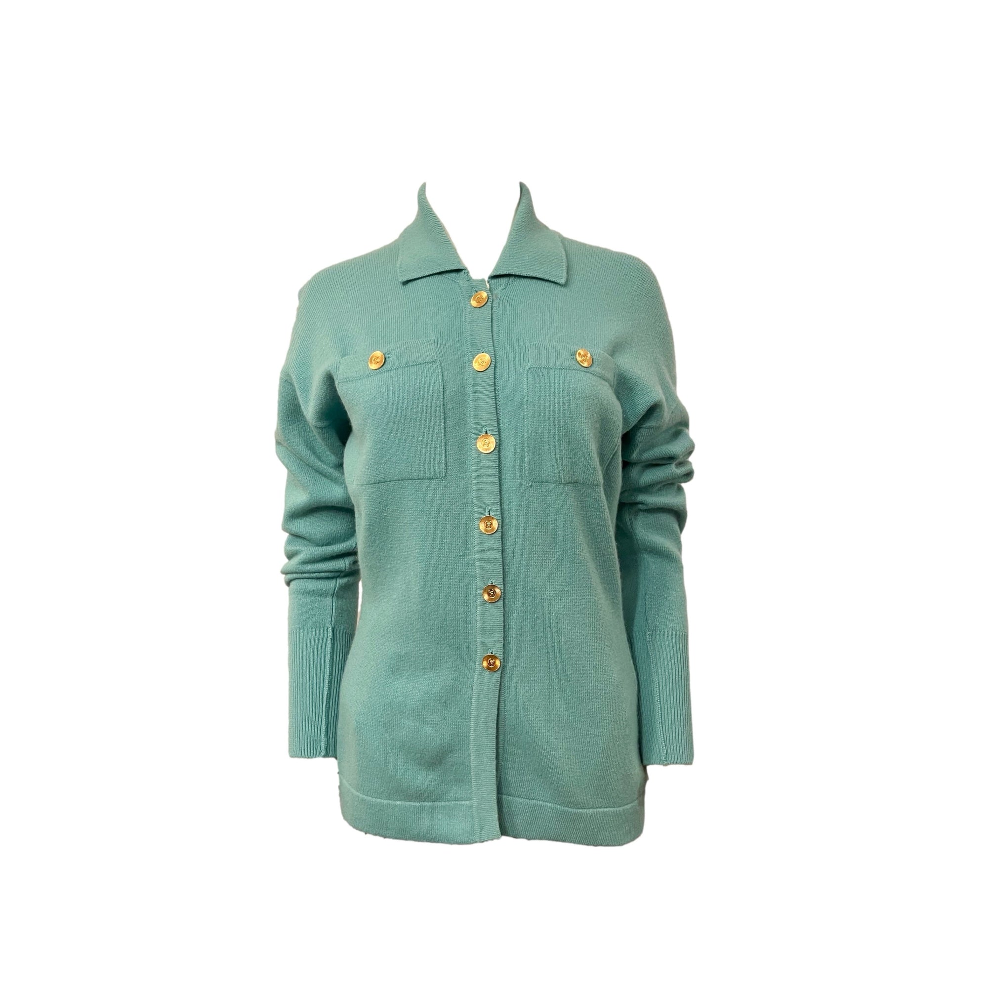 Chanel Turquoise Logo Button Cashmere Cardigan - Apparel