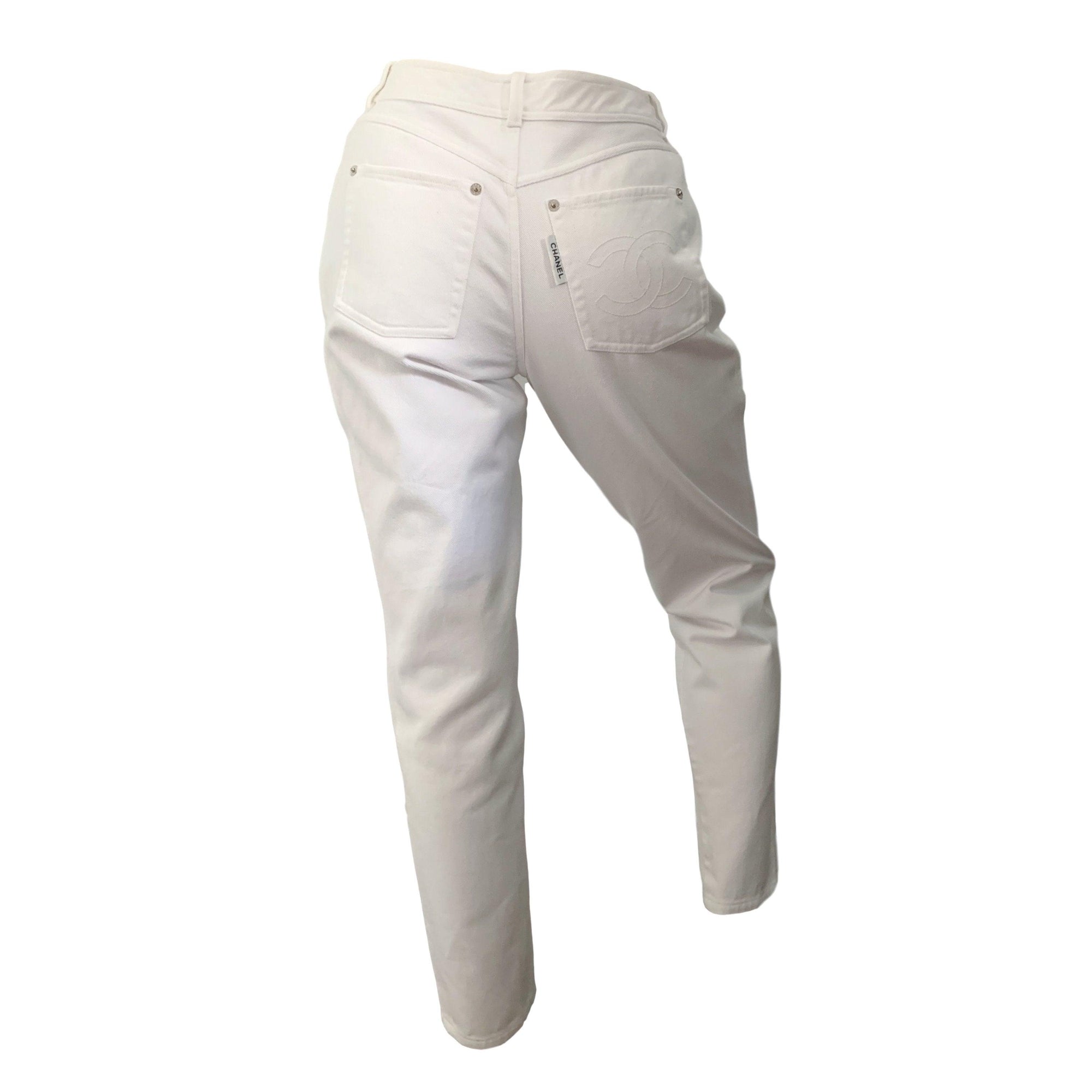 Chanel White Denim Logo Pants - Apparel