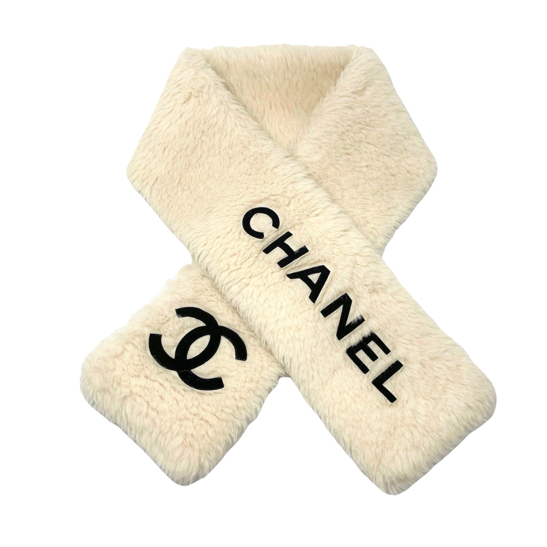 Chanel White Faux Fur Logo Scarf