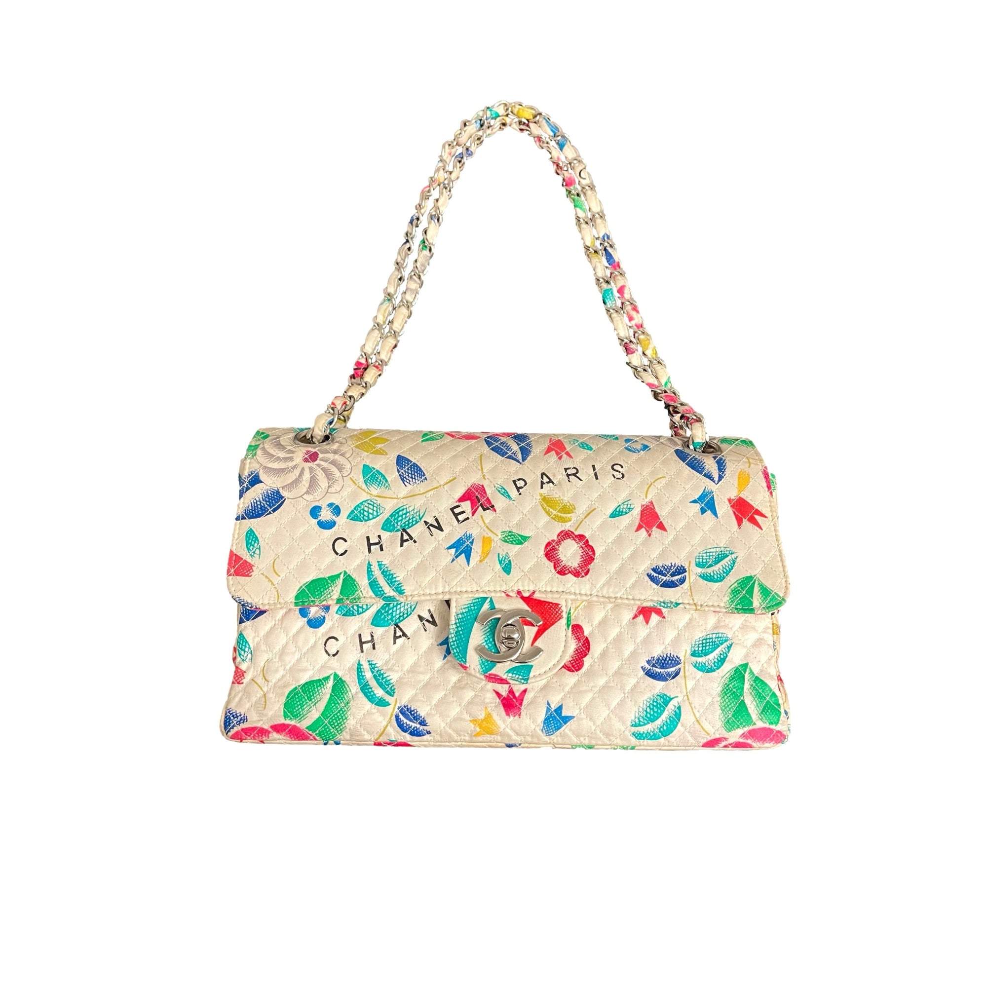 Chanel White Floral Canvas Flap Bag - Handbags