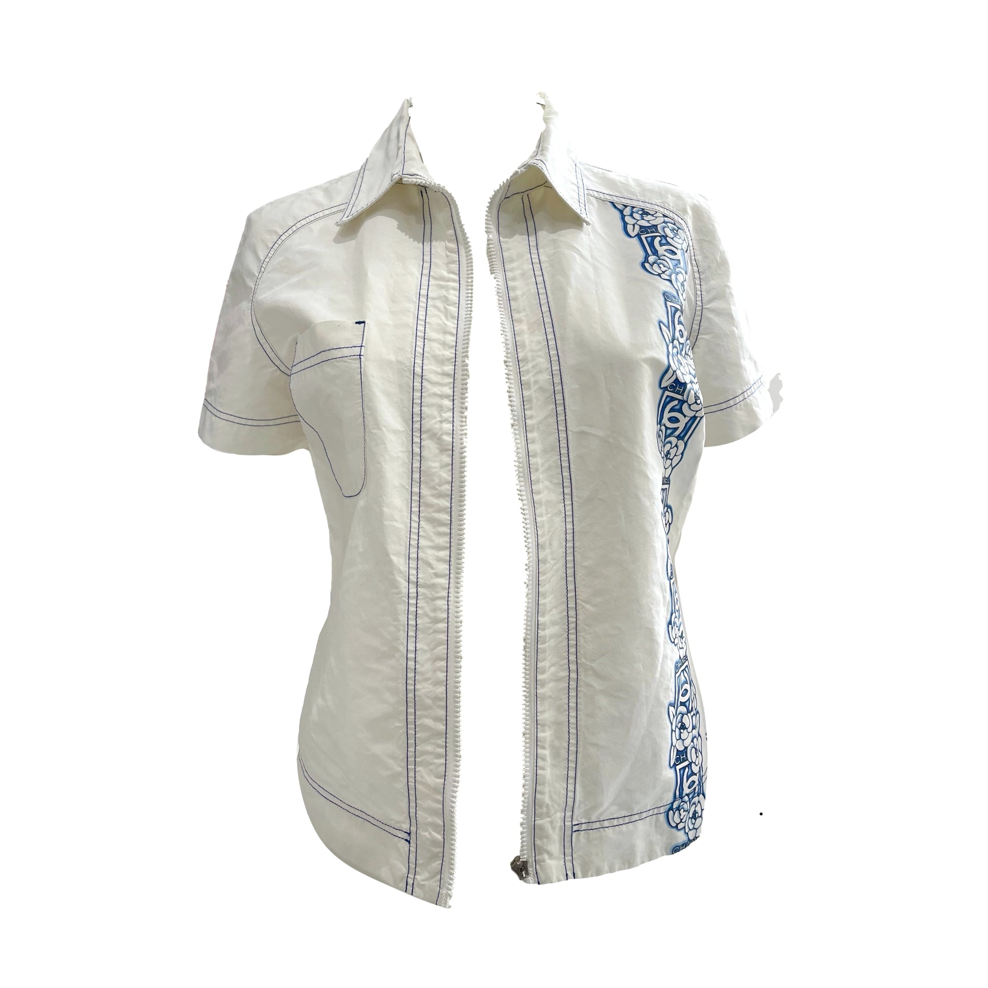 Chanel White Floral Zipper Shirt - Apparel