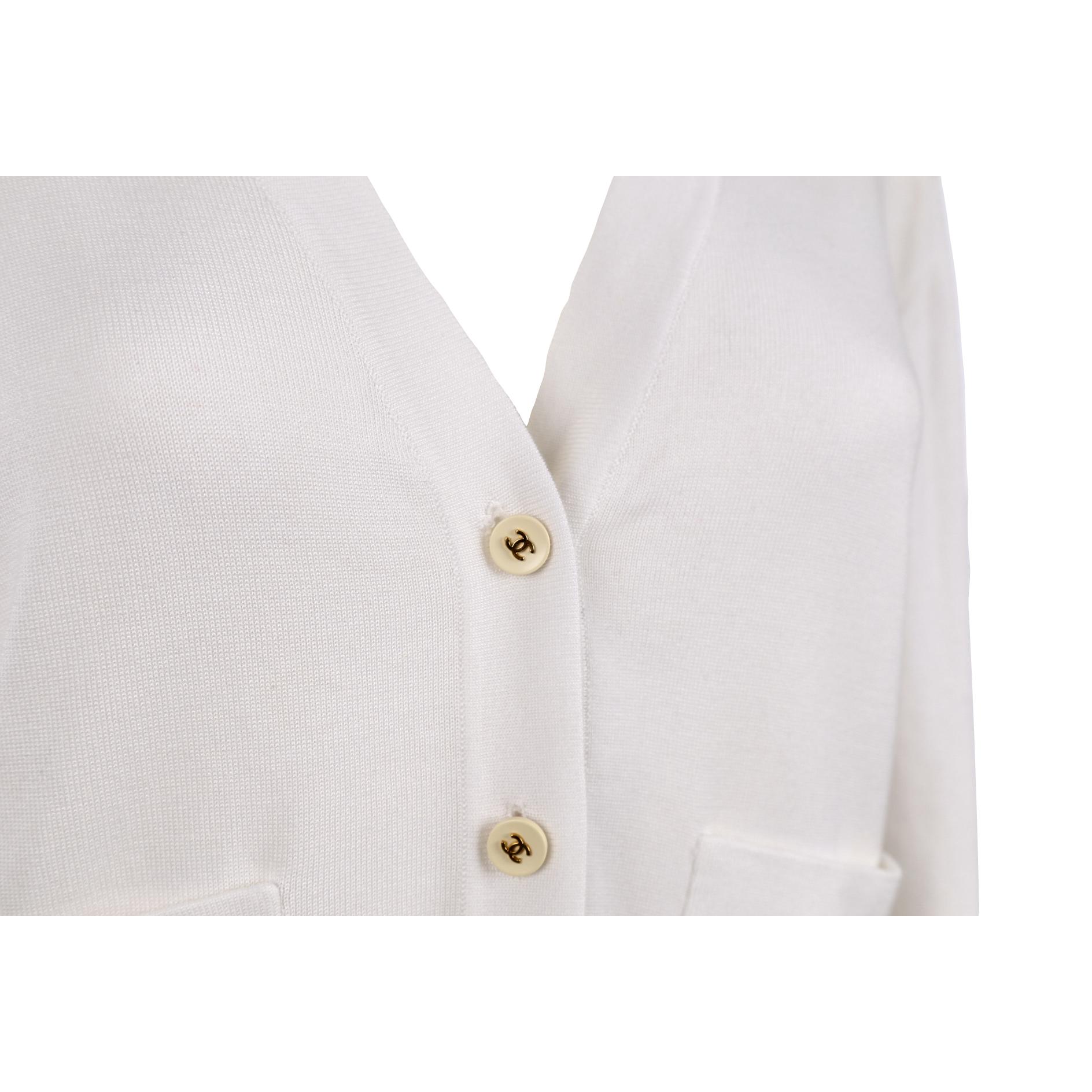 Chanel White Logo Button Cropped Cardigan - Apparel