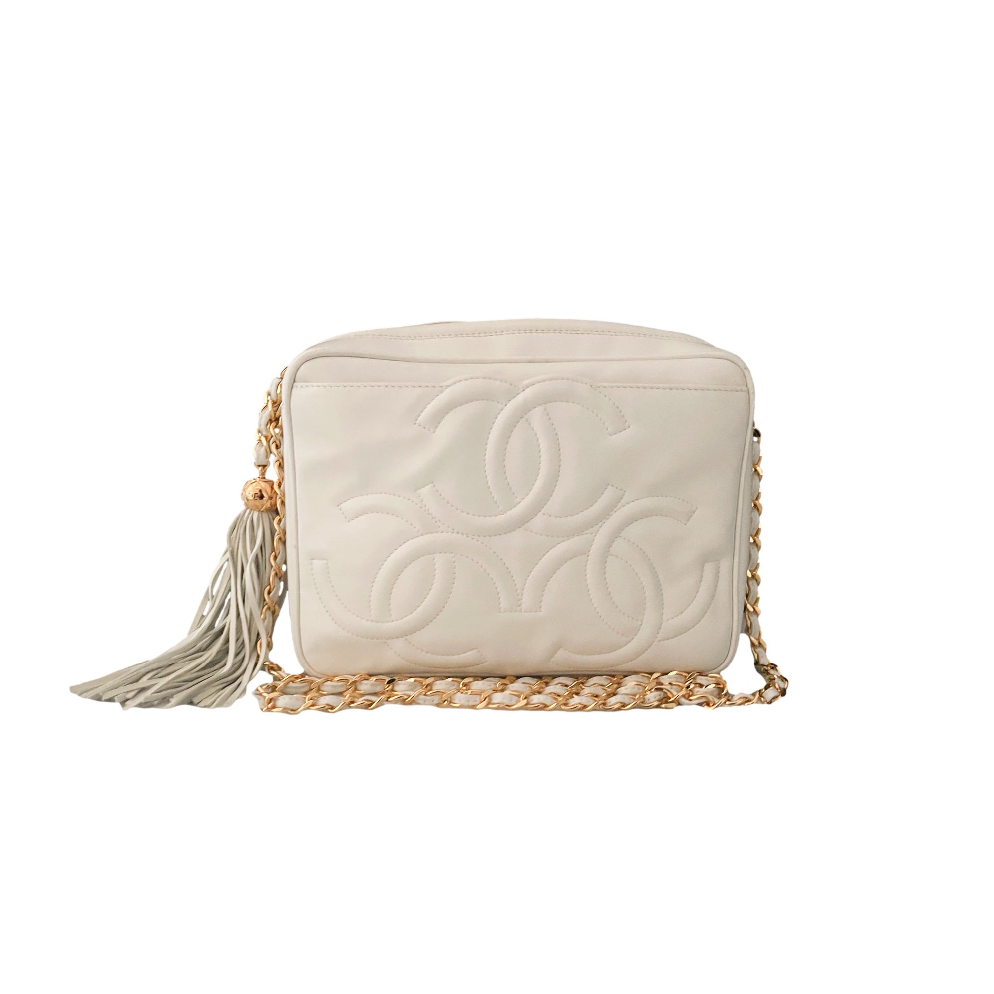 Chanel White Logo Chain Tassel Bag - Handbags