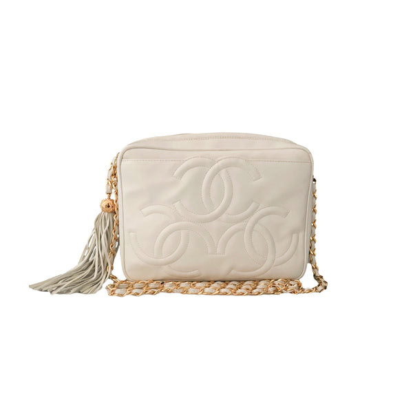 Chanel White Logo Chain Tassel Bag - Handbags