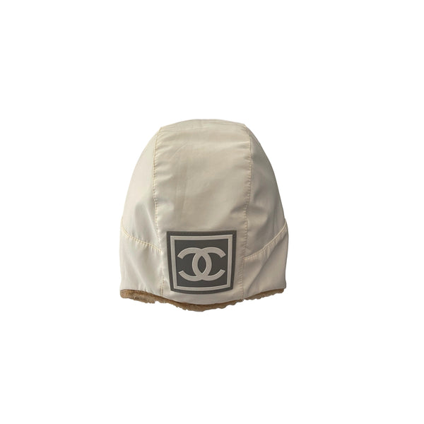 Chanel White Logo Faux Fur Lined Cap - Accessories