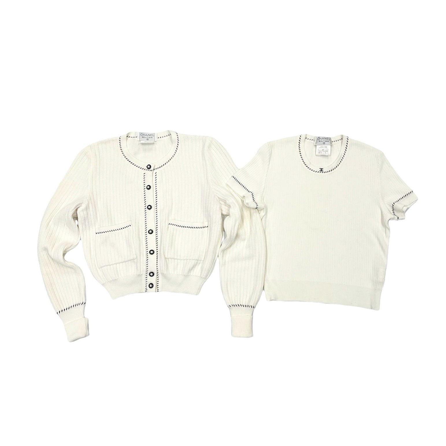 Chanel White Ribbed Cardigan Set - Apparel