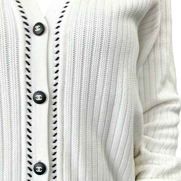Chanel White Ribbed Logo Cardigan - Apparel
