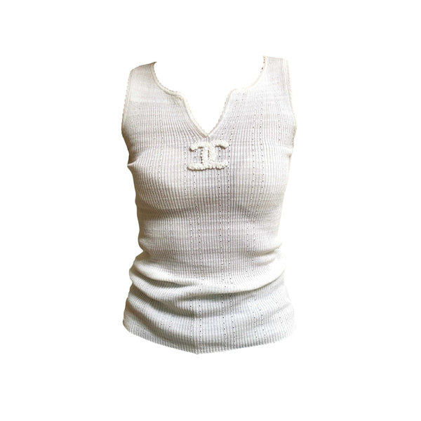 White Chanel Ribbed Knit Top Sleeveless CC Logo