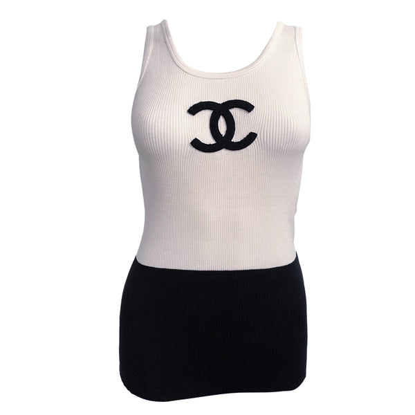 Chanel White Ribbed Logo Tank Top - Apparel