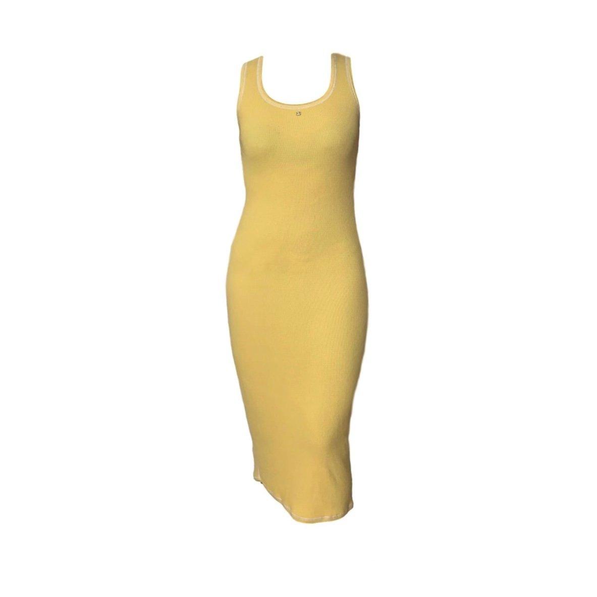 Chanel Yellow Knit Ribbed Logo Dress - Apparel