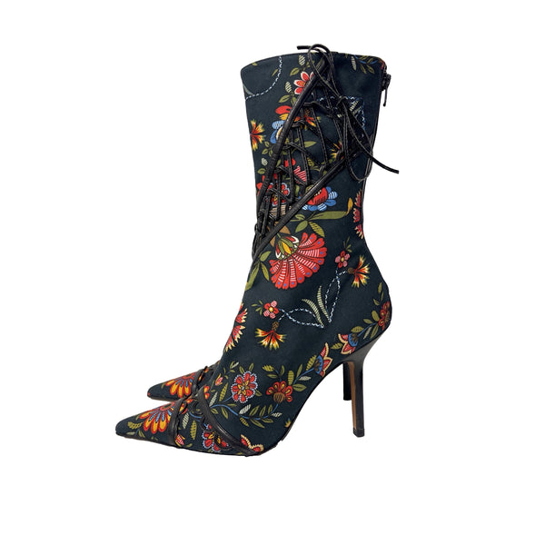 Dior Black Floral Lace Up Boots - Shoes