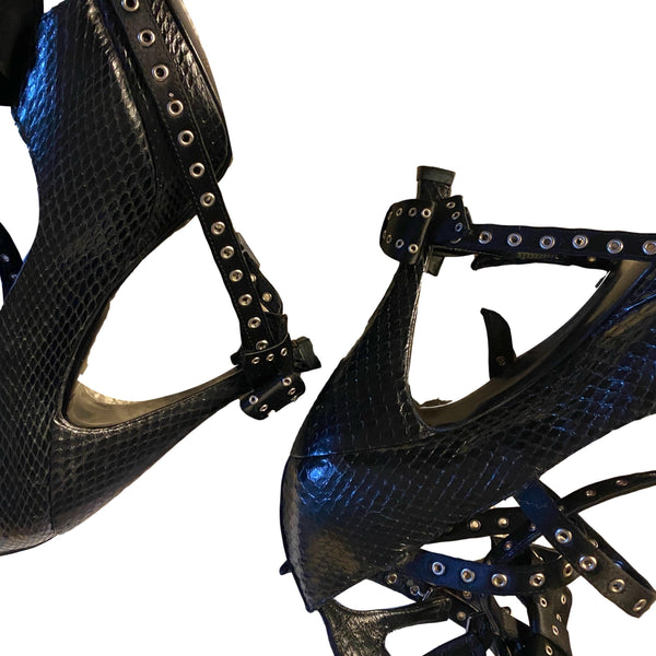 Dior Black Snakeskin Rivet Bow Heels - Shoes