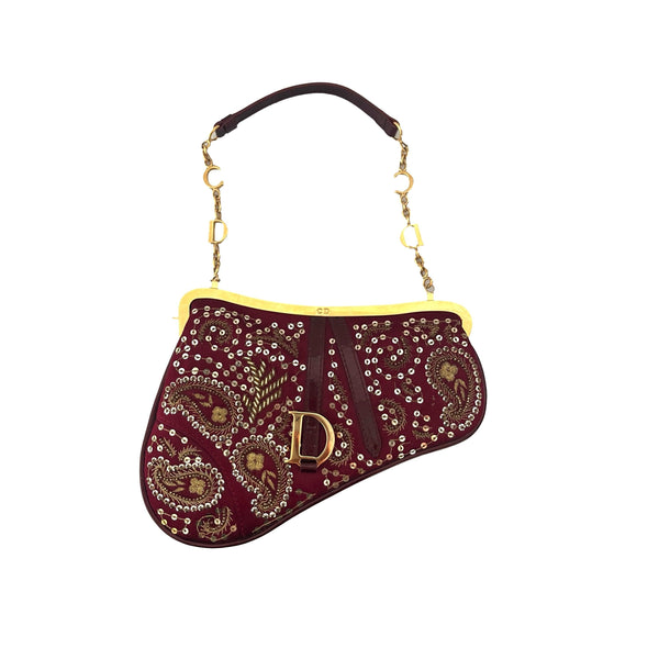 Dior Burgundy Embellished Micro Saddle Bag - Handbags