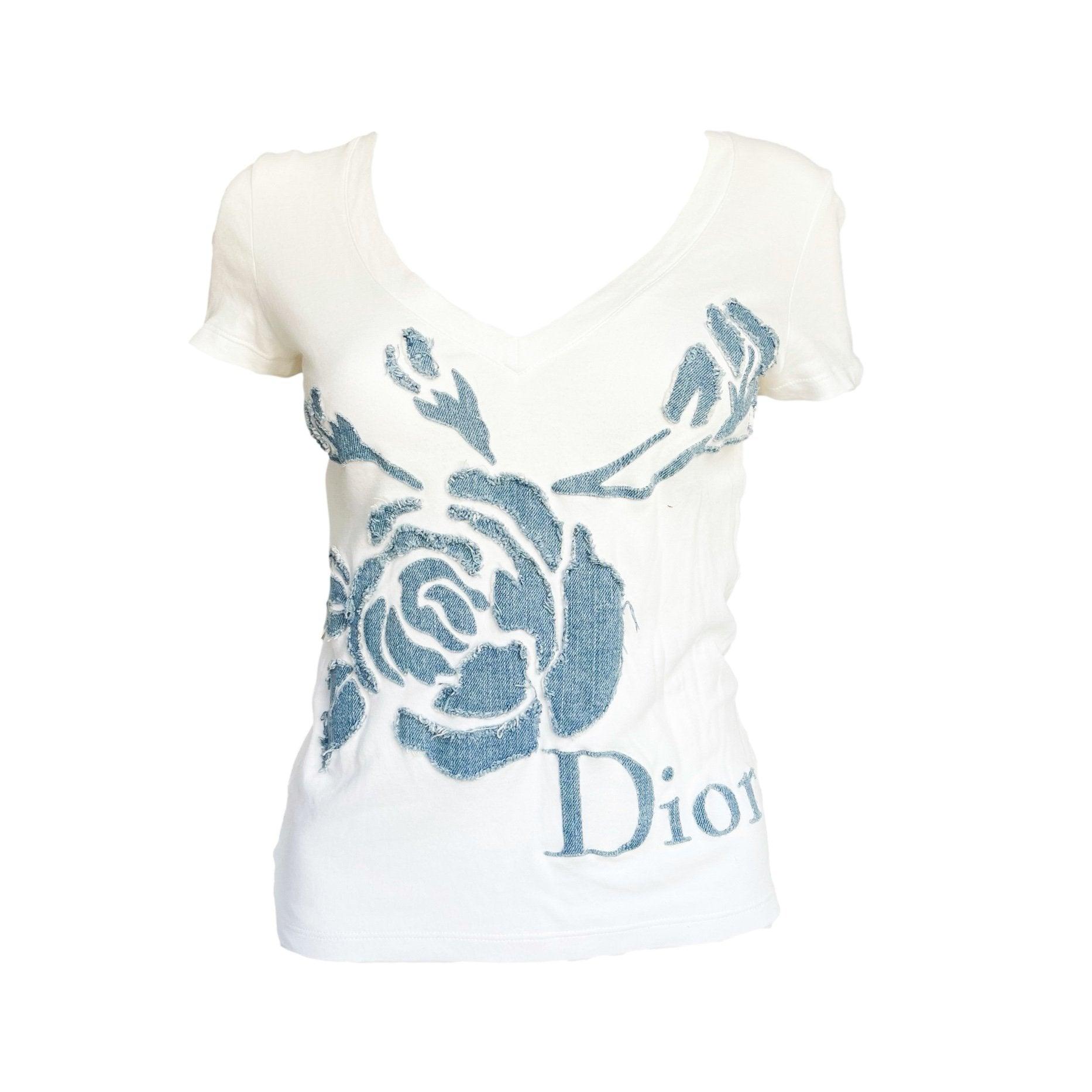 Dior Denim Floral White T-Shirt - Apparel