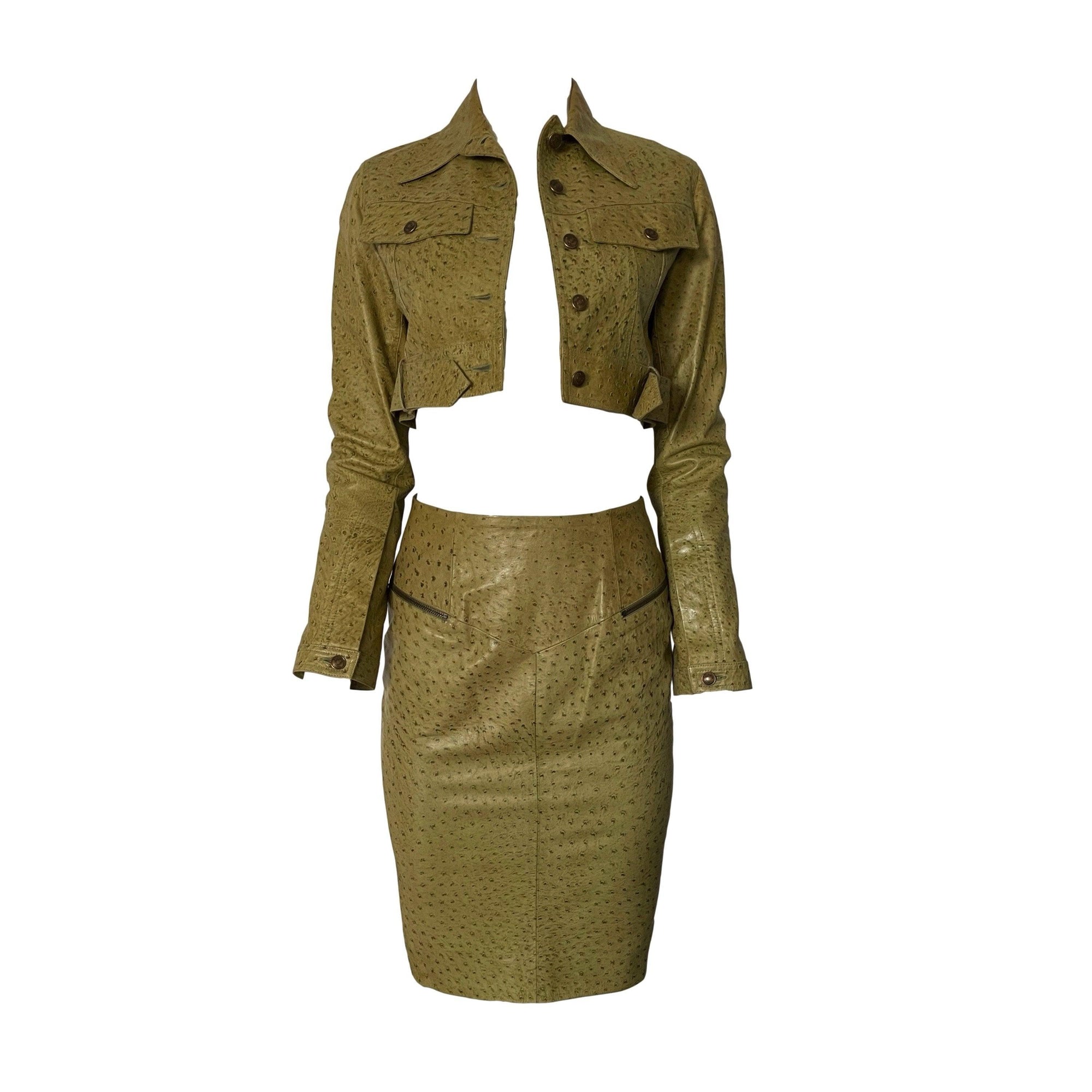 Dior Green Leather Cropped Skirt Set - Apparel