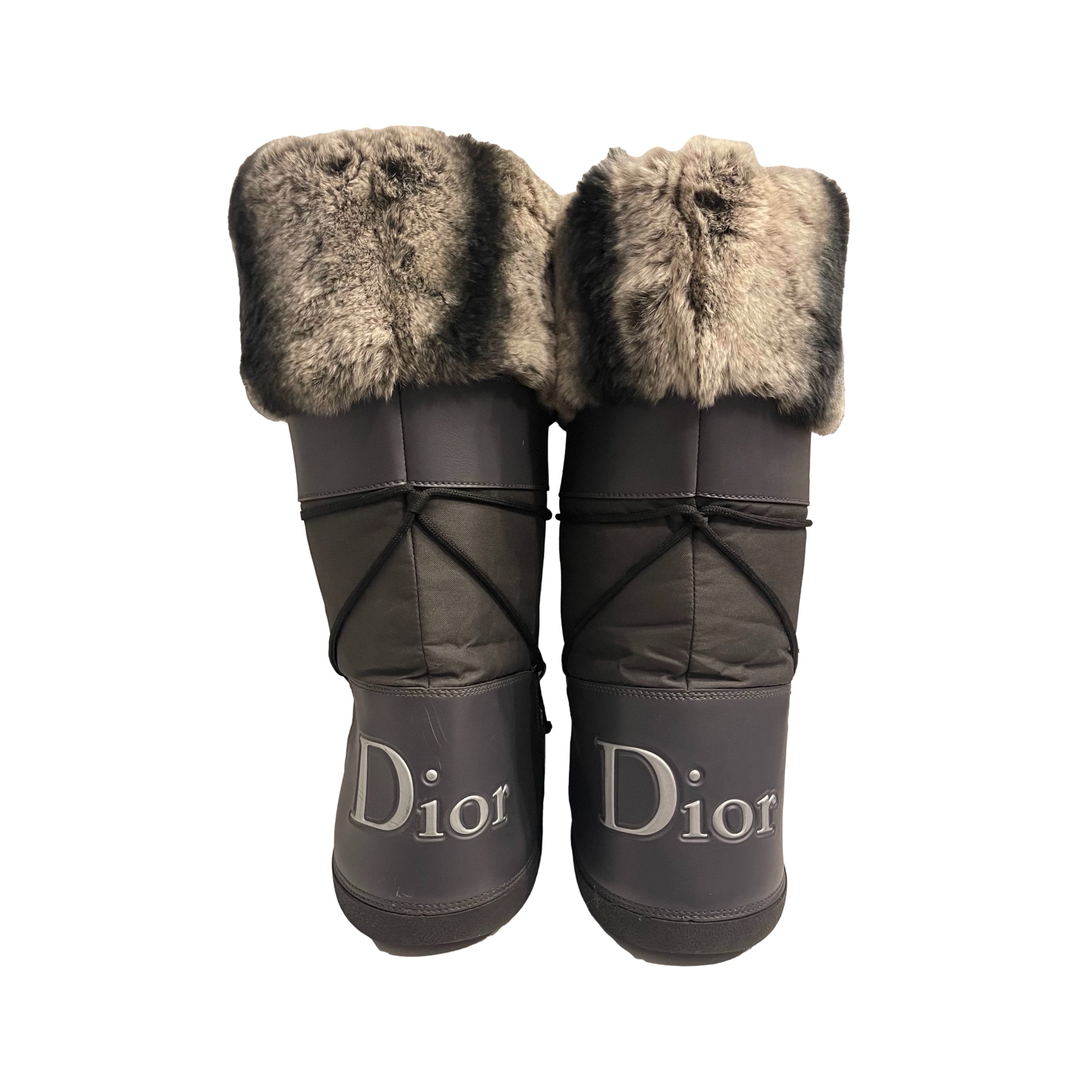Christian Dior Vintage Big Logo Snow Boots 35-37 US7 Fur Gray 