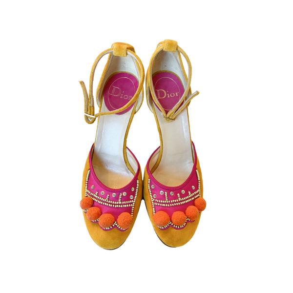 Dior Mustard Velvet Pom Pom Heels - Shoes