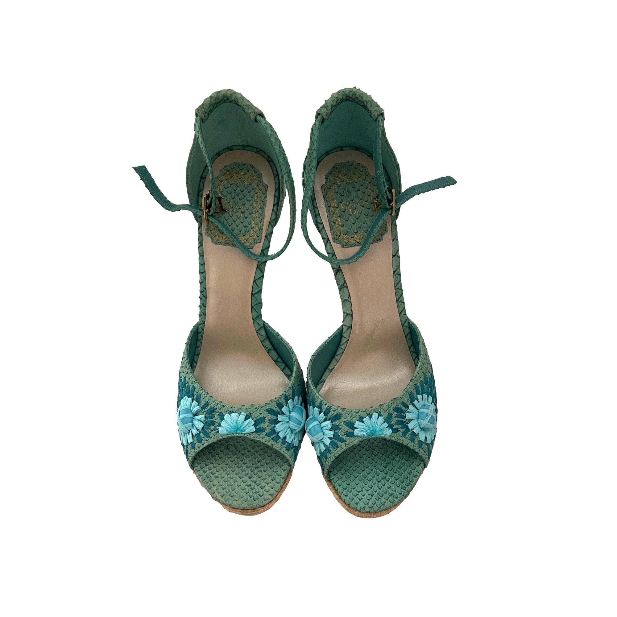 Dior Turquoise Straw Floral Heels - Shoes