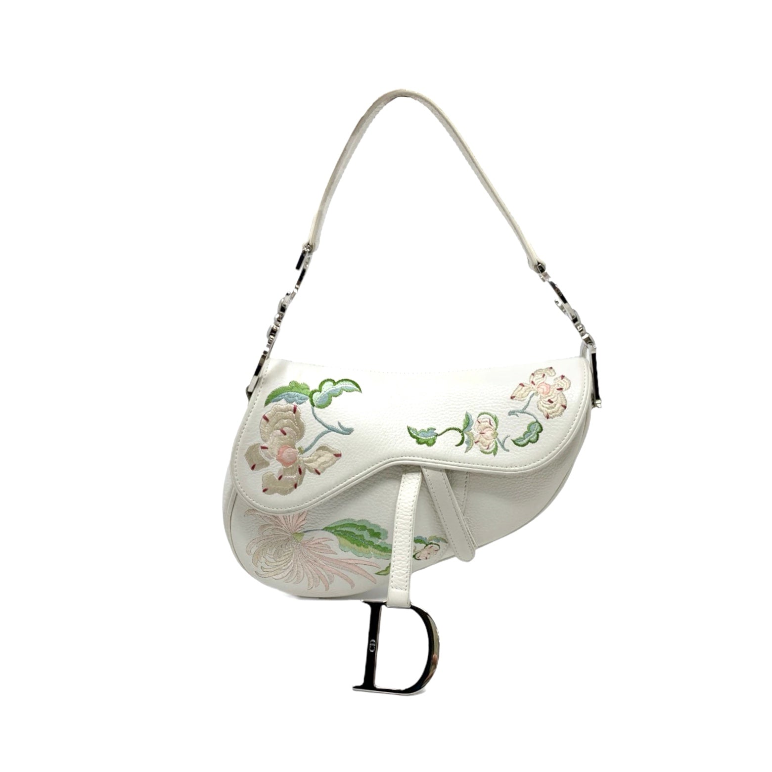 Dior White Floral Embroidered Saddle Bag - Handbags