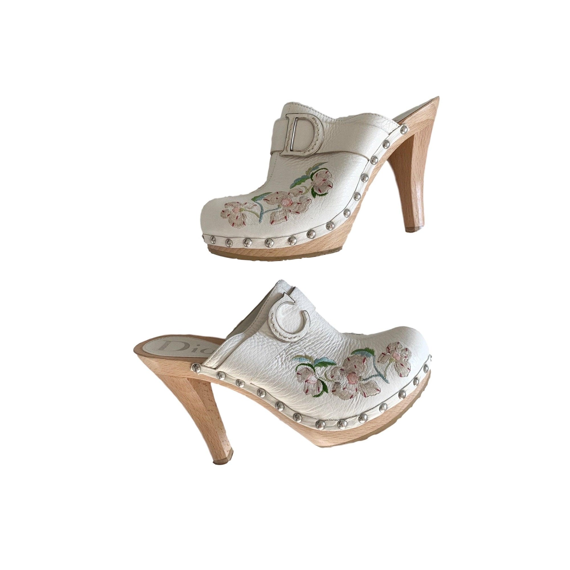 Dior White Floral Logo Clog Heels - Shoes