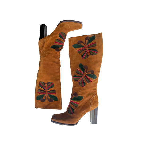 Dolce & Gabbana Camel Butterfly Suede Knee Boots