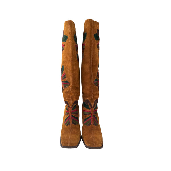 Dolce & Gabbana Camel Butterfly Suede Knee Boots - Shoes