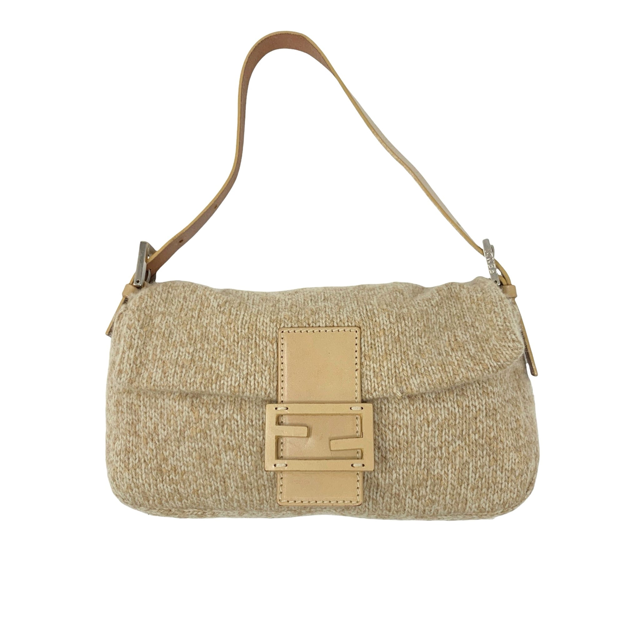 Fendi Beige Wool Baguette Bag - Handbags