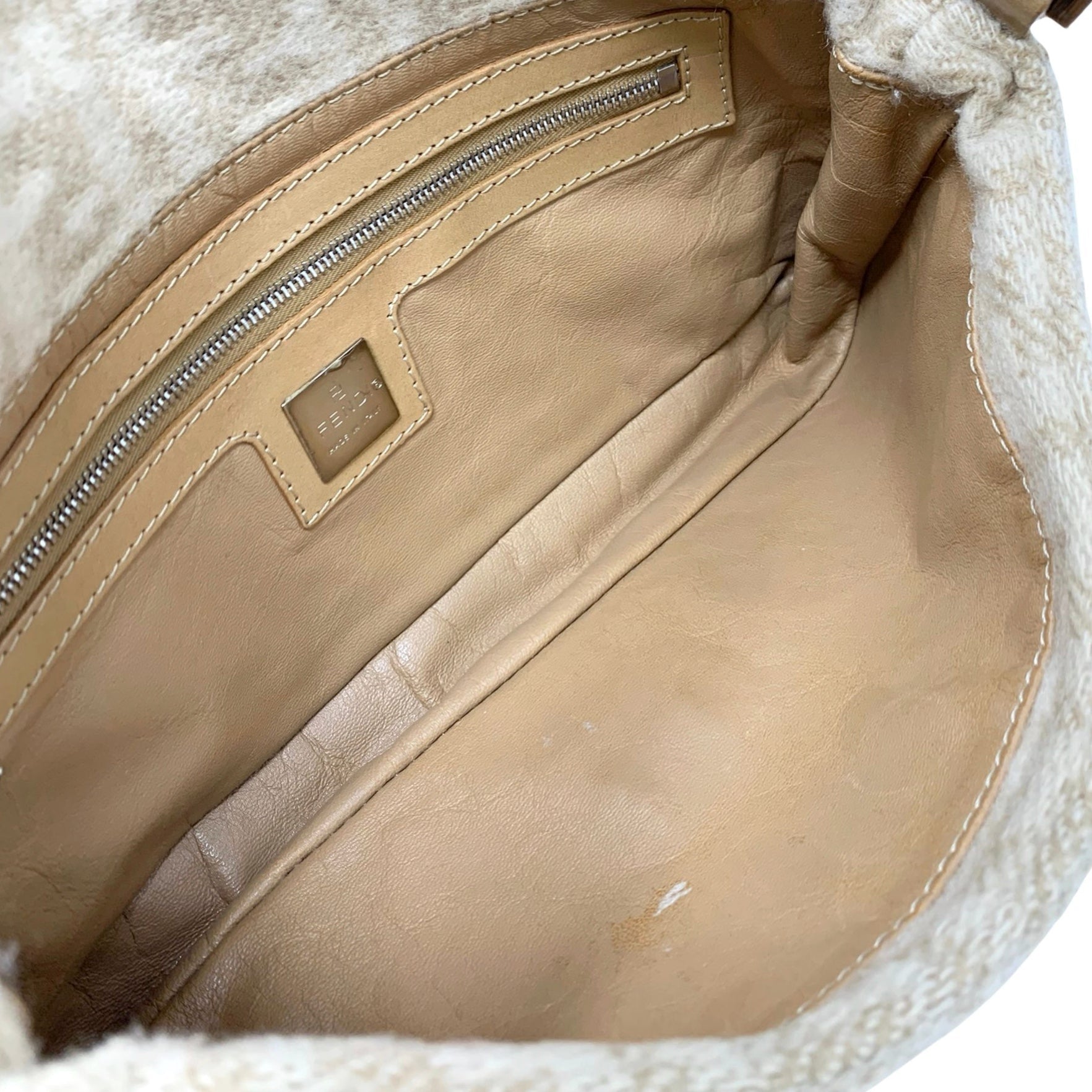 Fendi Beige Wool Logo Baguette Bag - Handbags