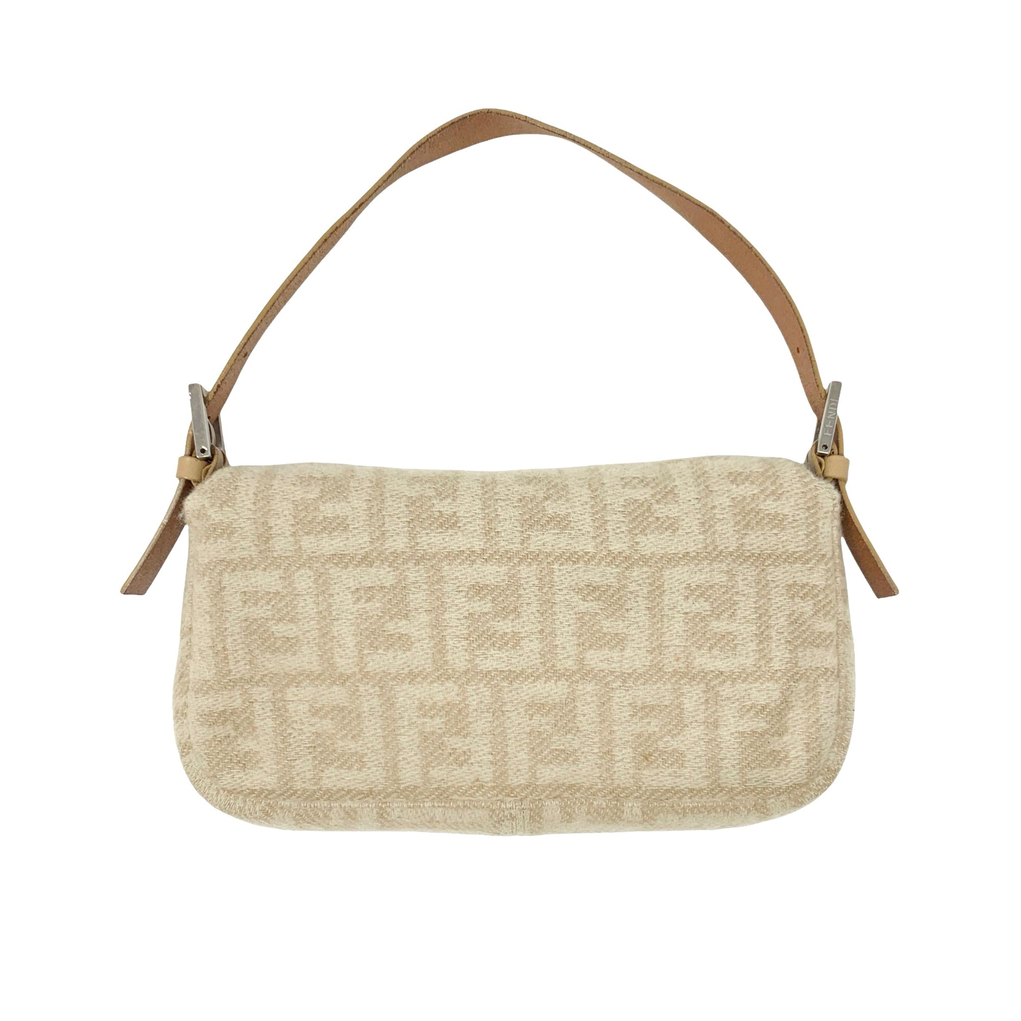 Fendi Beige Wool Logo Baguette Bag - Handbags