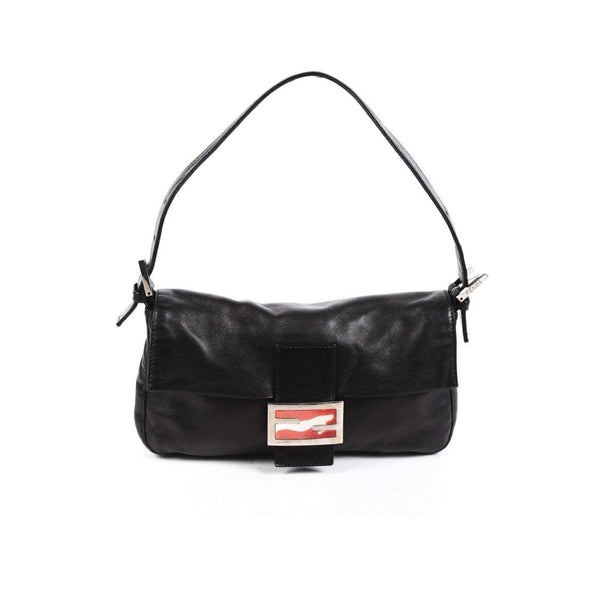 Fendi Black Leather Logo Baguette Bag - Handbags