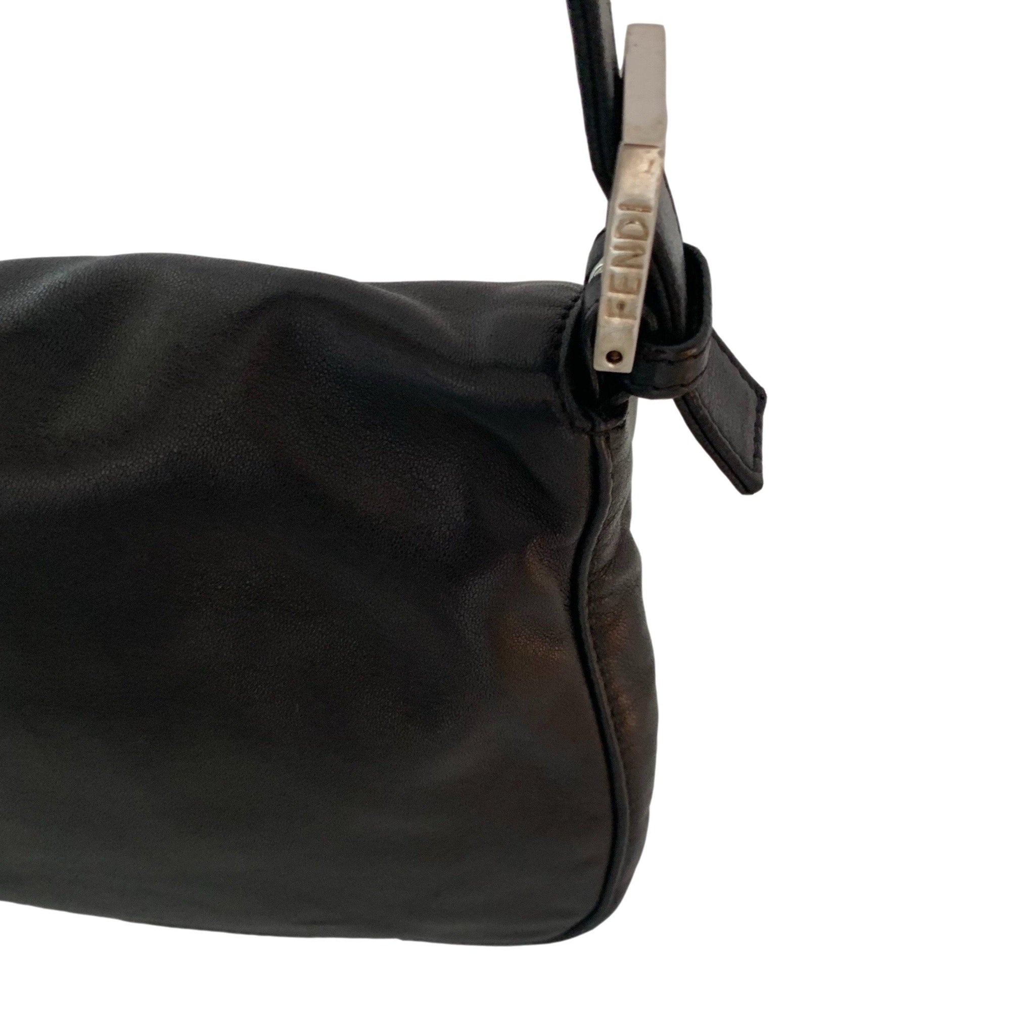 Fendi Black Leather Logo Baguette Bag - Handbags