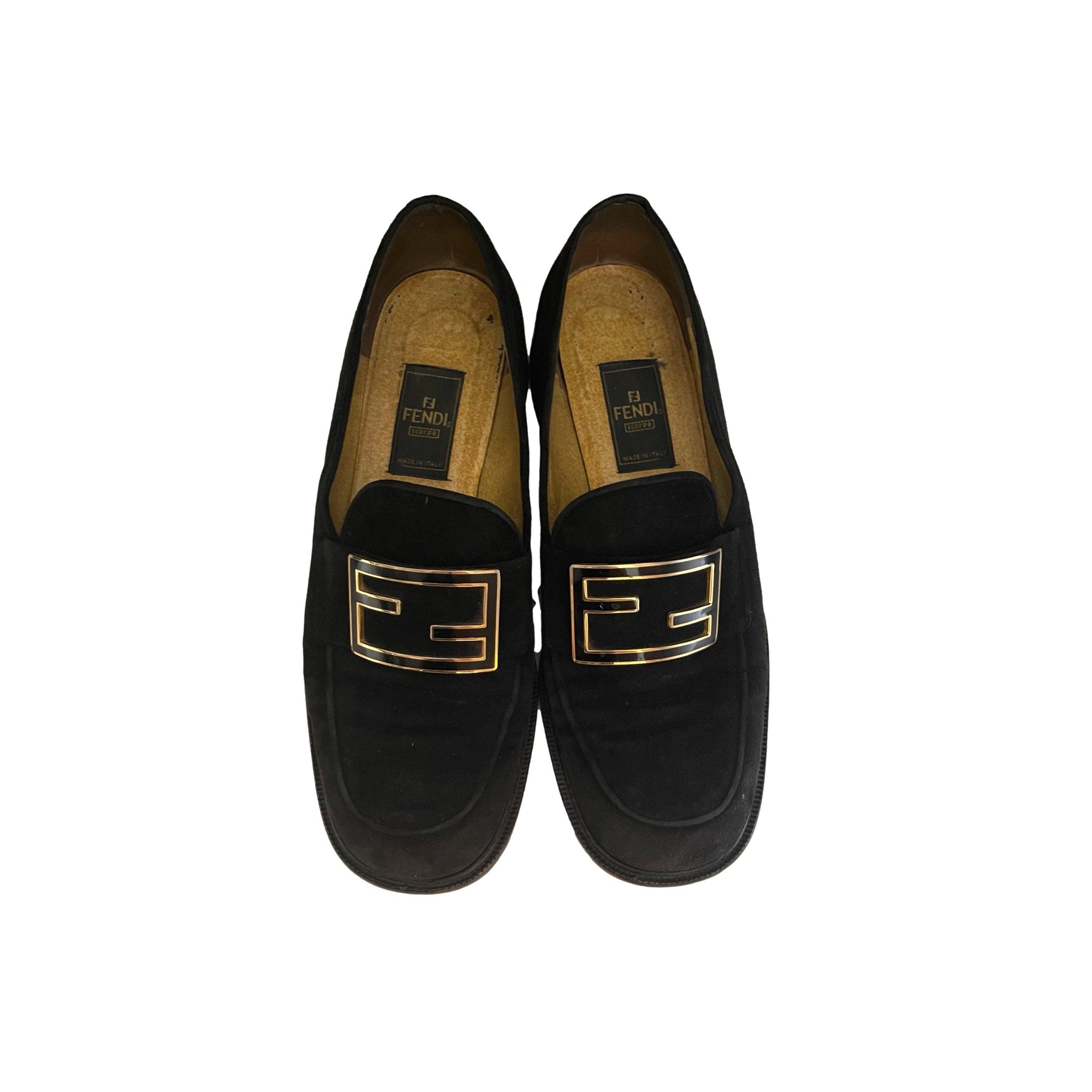 Fendi Black Suede Logo Loafers - Shoes