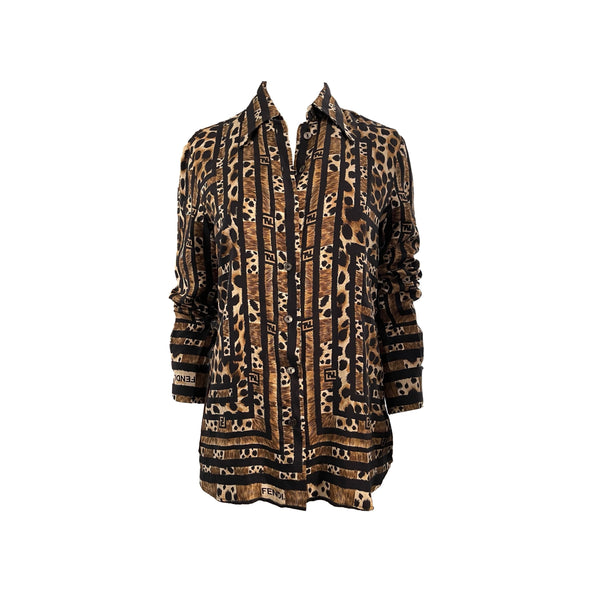 Fendi Brown Animal Print Silk Button Down - Apparel