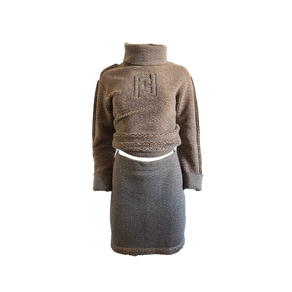 Fendi Brown Knit Logo Skirt Set - Apparel