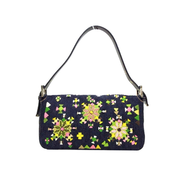 Fendi Denim Embroidered Baguette Bag - Handbags