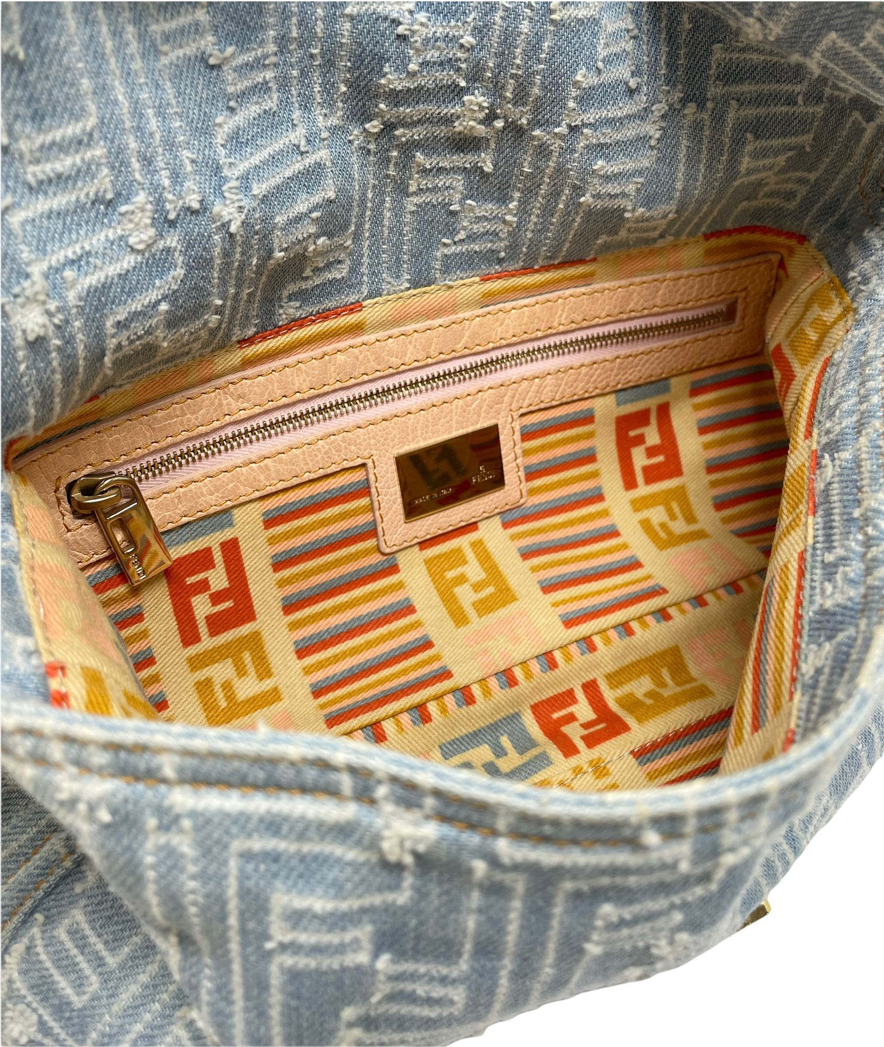 Fendi Denim Logo Baguette Bag - Handbags