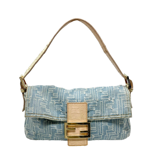 Fendi Denim Logo Baguette Bag - Handbags