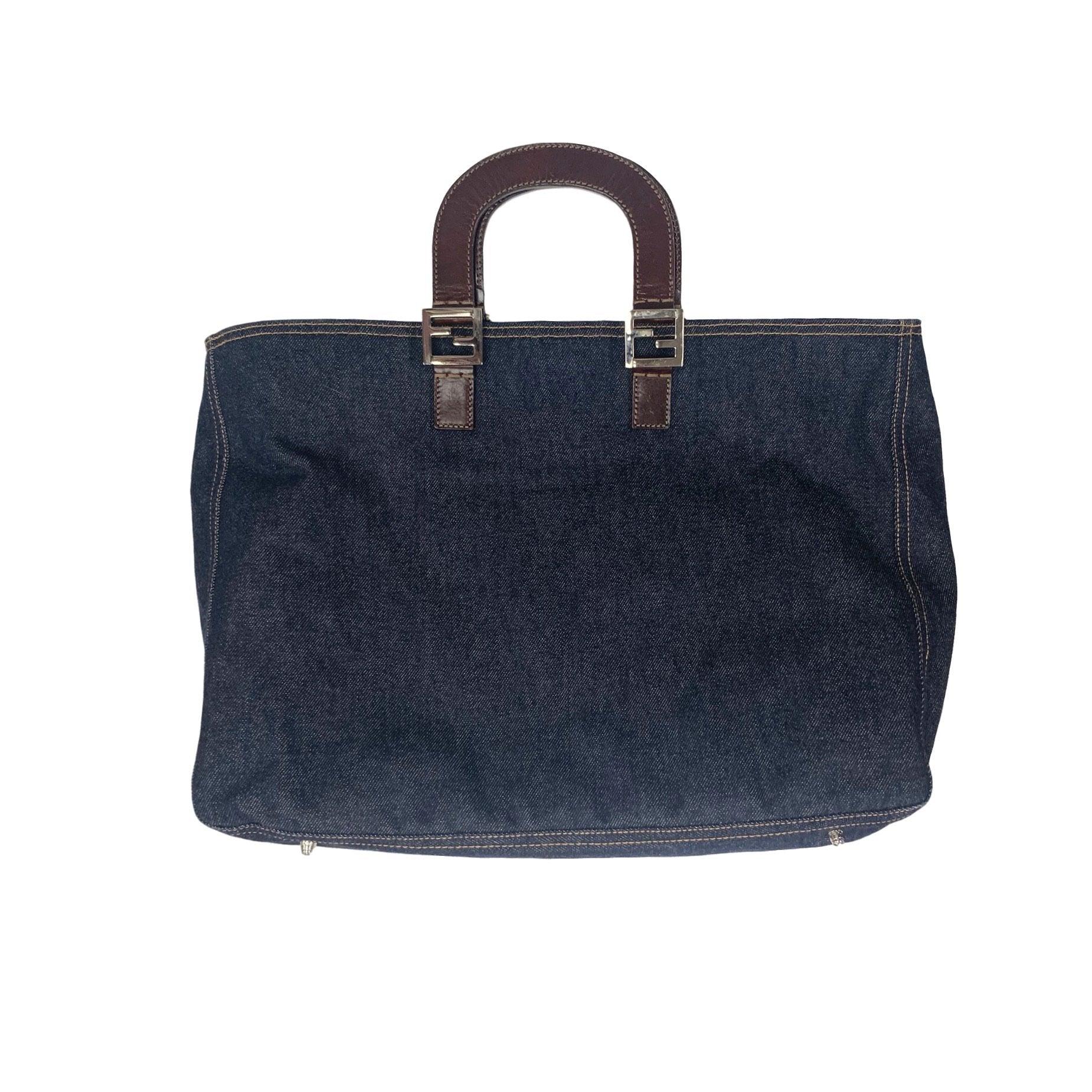 Fendi Denim Logo Large Top Handle Bag - Handbags