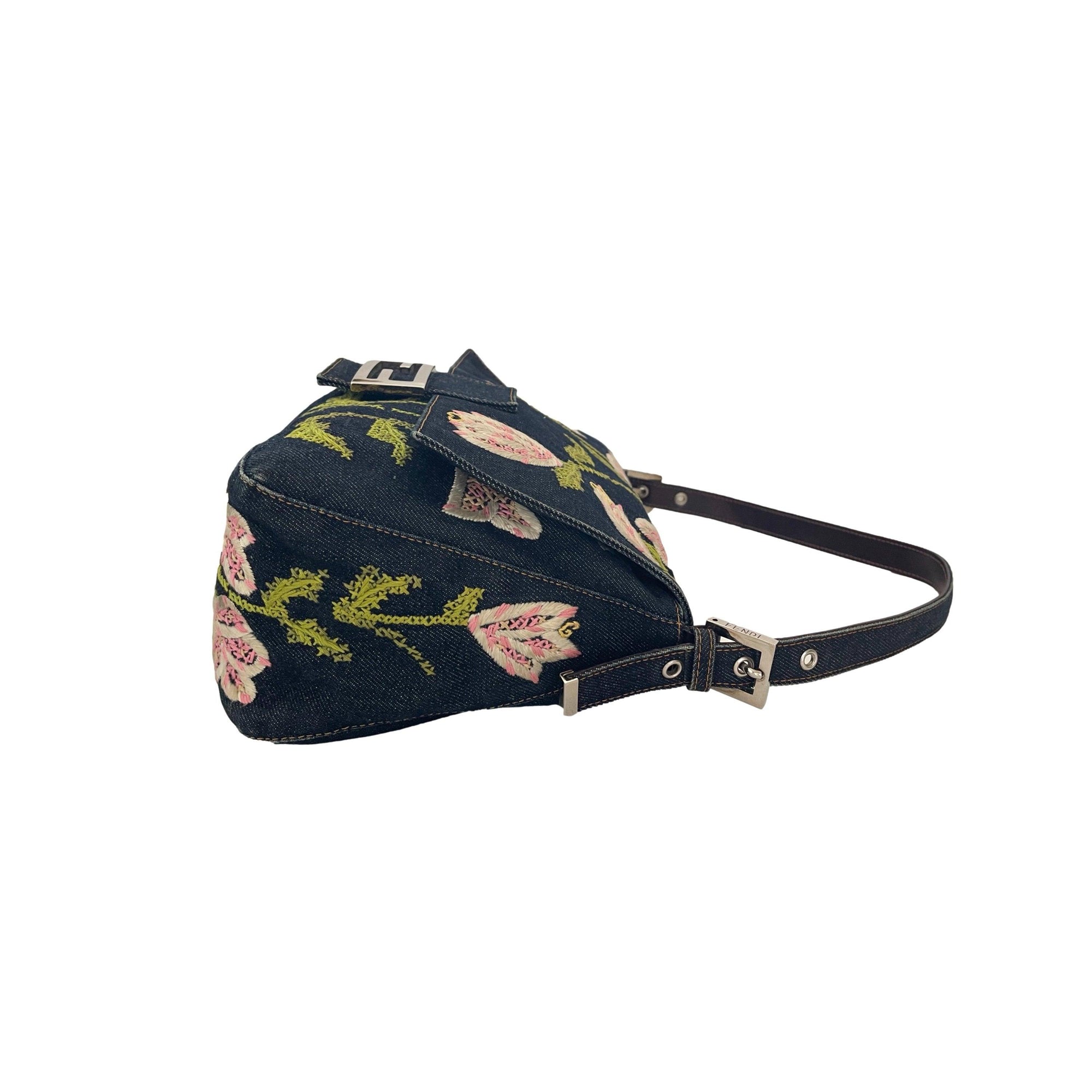 Fendi Floral Denim Shoulder Bag - Handbags
