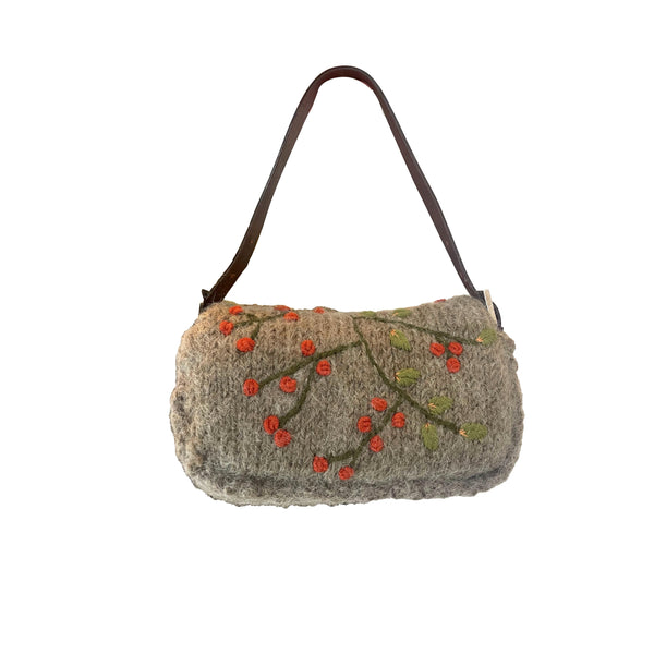 Fendi Grey Floral Wool Baguette - Handbags