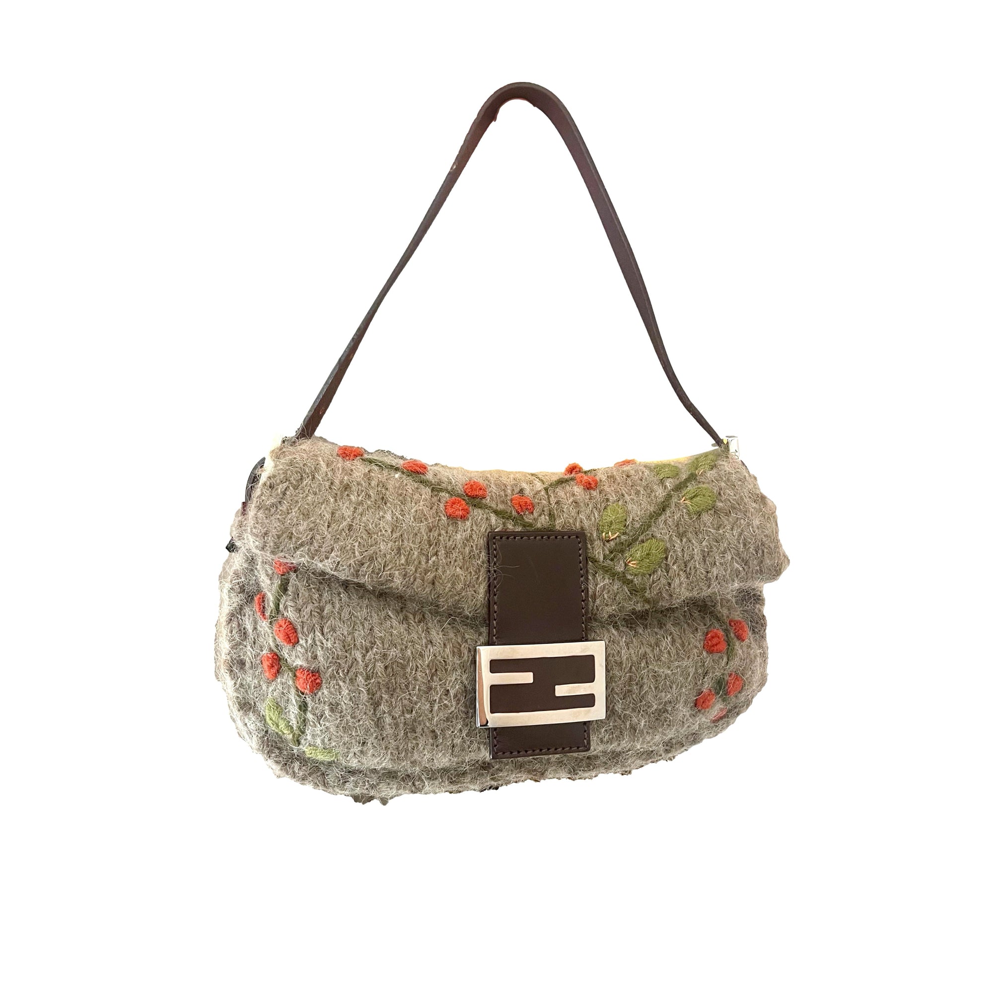 Fendi Grey Floral Wool Baguette - Handbags