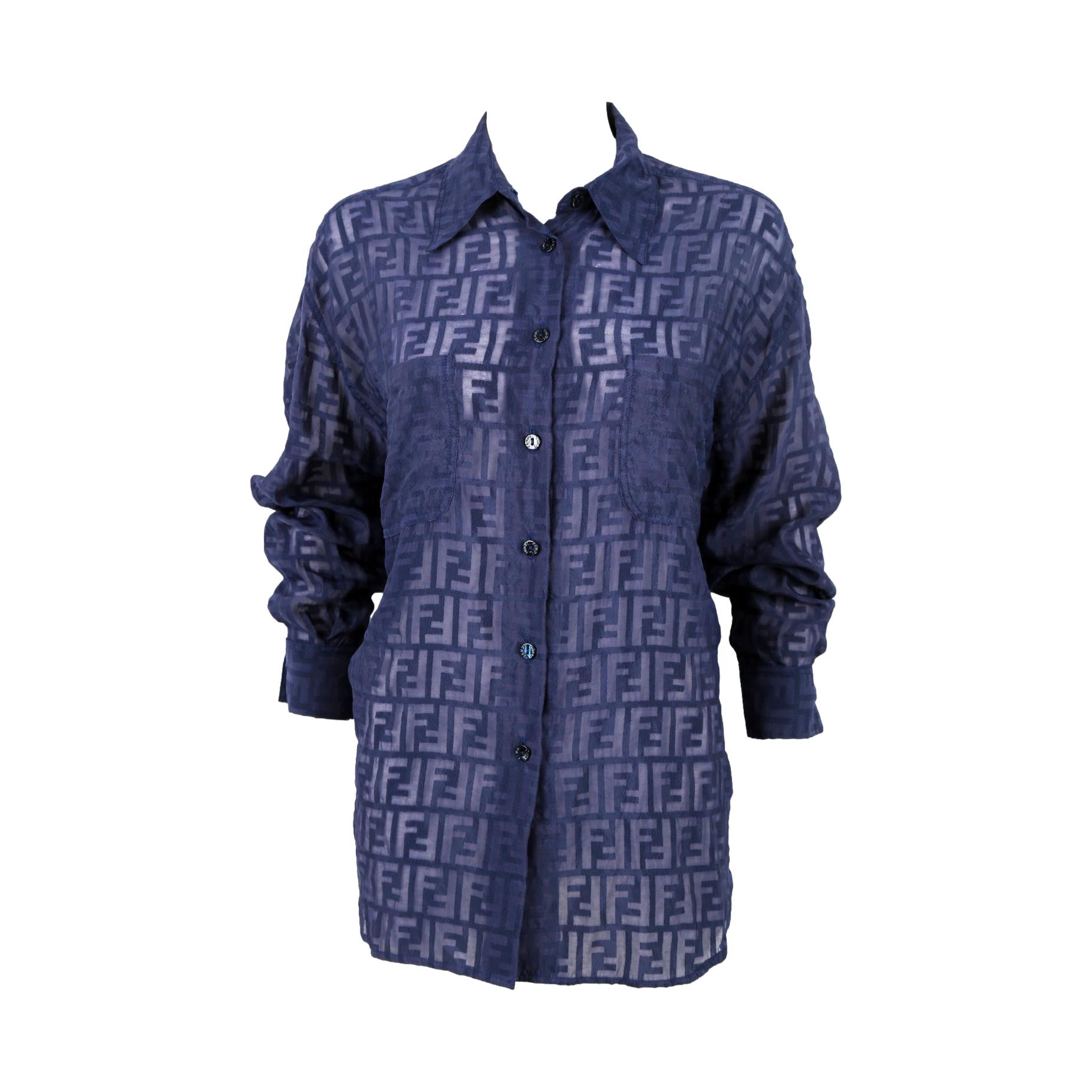 Fendi Navy Blue Sheer Logo Button Up - Apparel