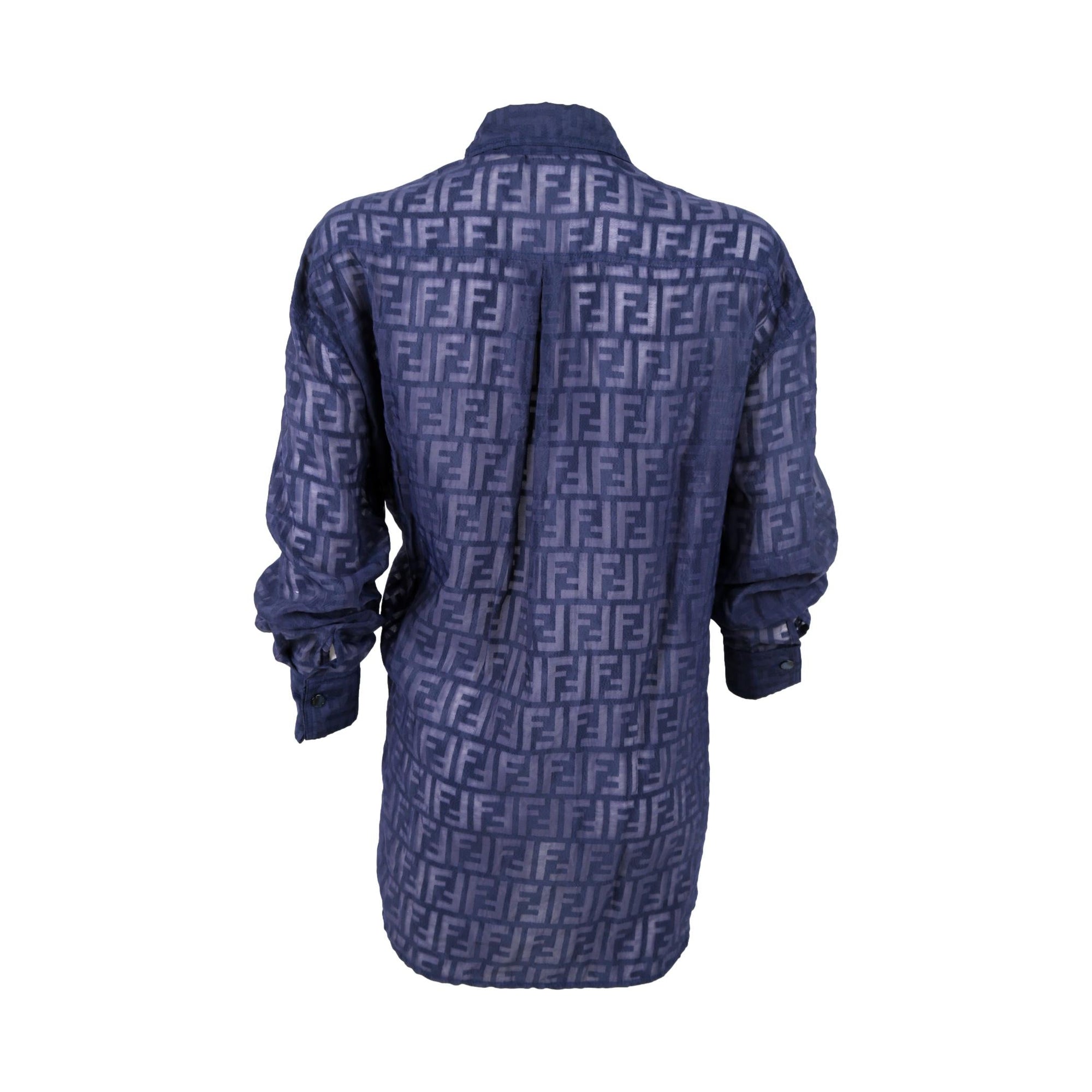 Fendi Navy Blue Sheer Logo Button Up - Apparel