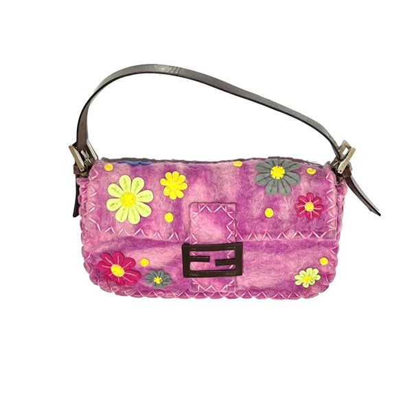 Fendi Pink Wool Flower Baguette - Handbags