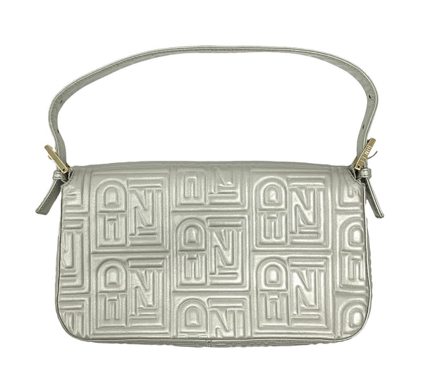 Fendi Silver Embossed Logo Baguette Bag - Handbags