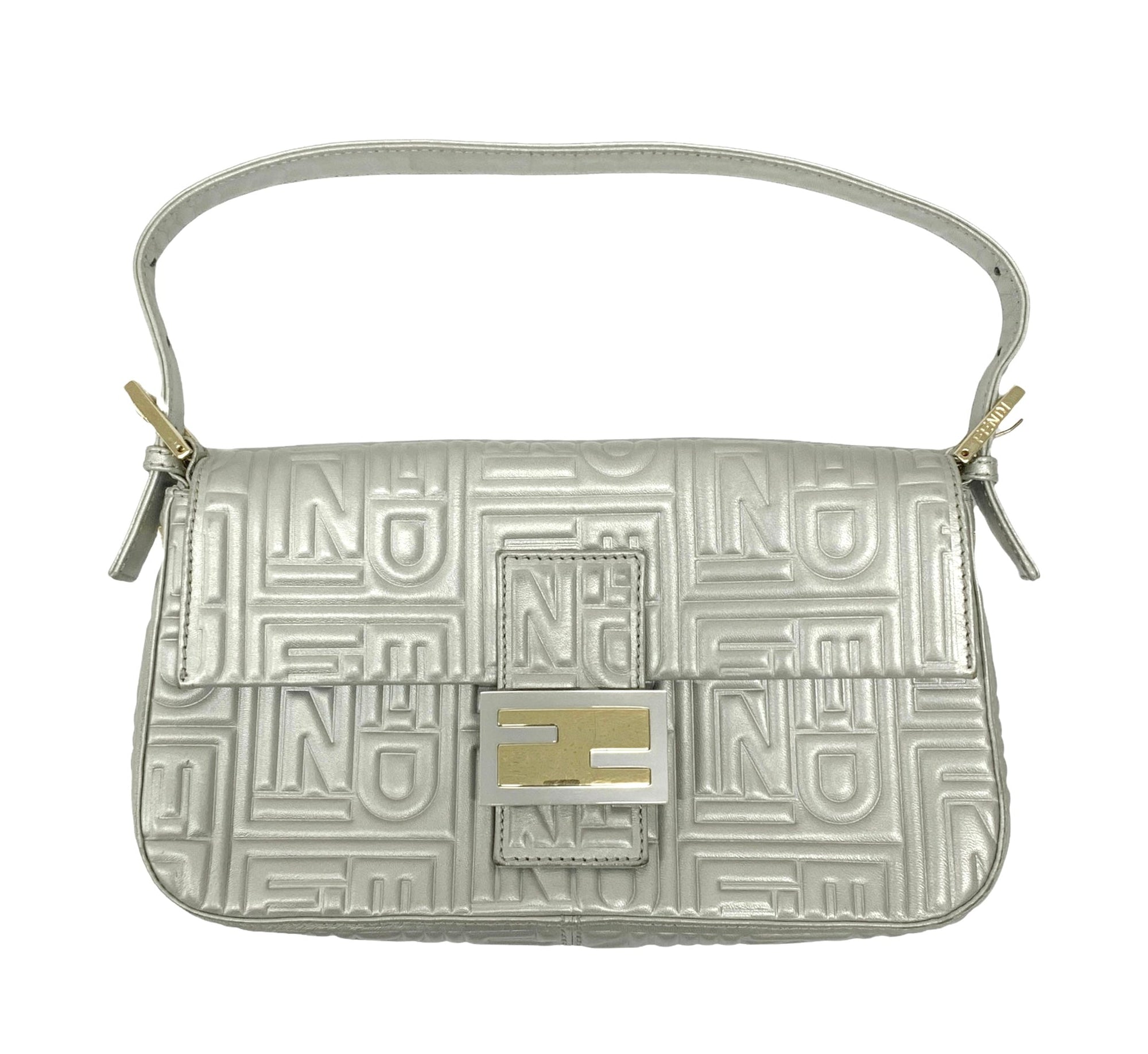 Fendi Silver Embossed Logo Baguette Bag - Handbags