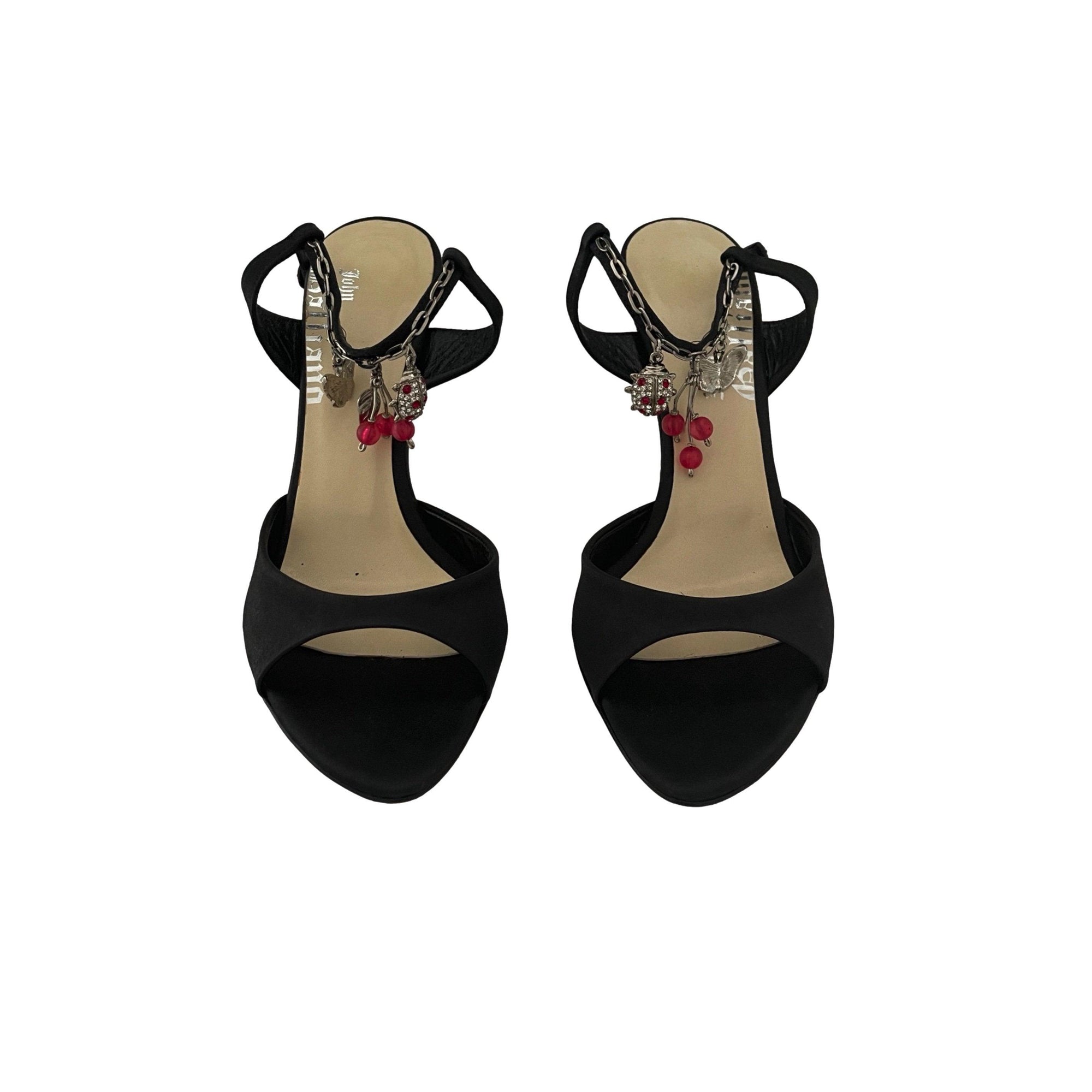 Galliano Black Satin Charm Heels - Shoes