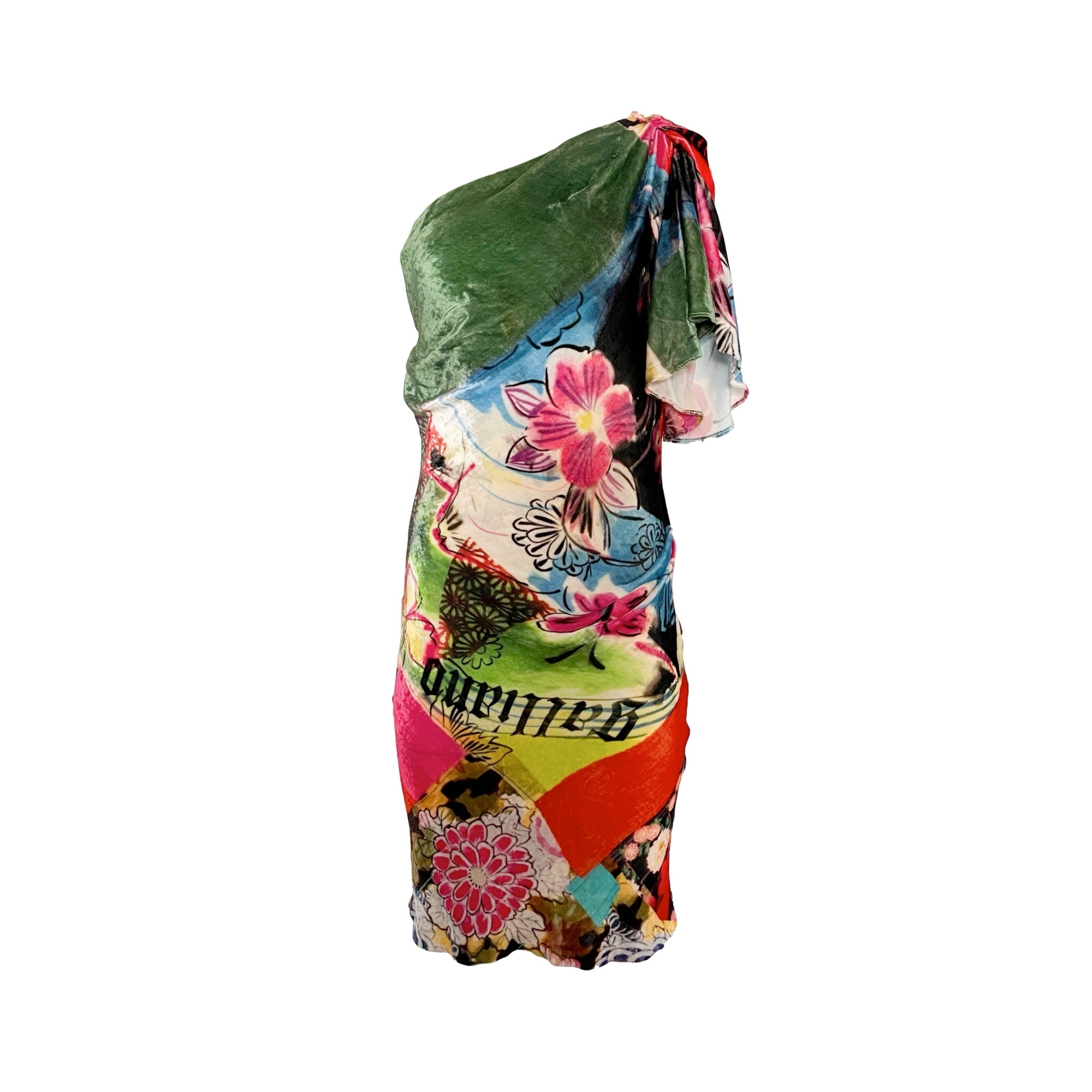 Galliano Multicolor Print Velour One Shoulder Dress - 