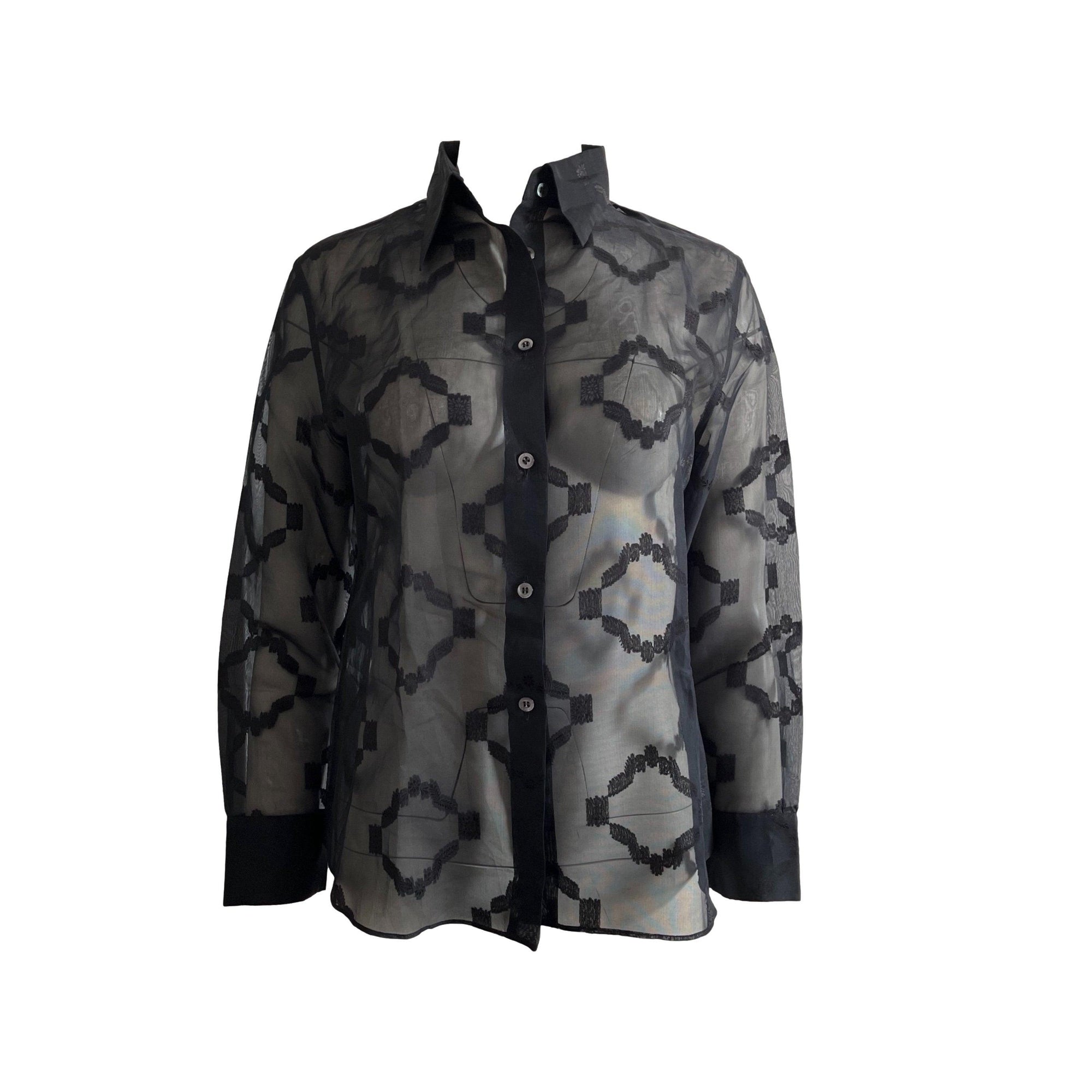 Gucci Black Embroidered Sheer Button Down - Apparel